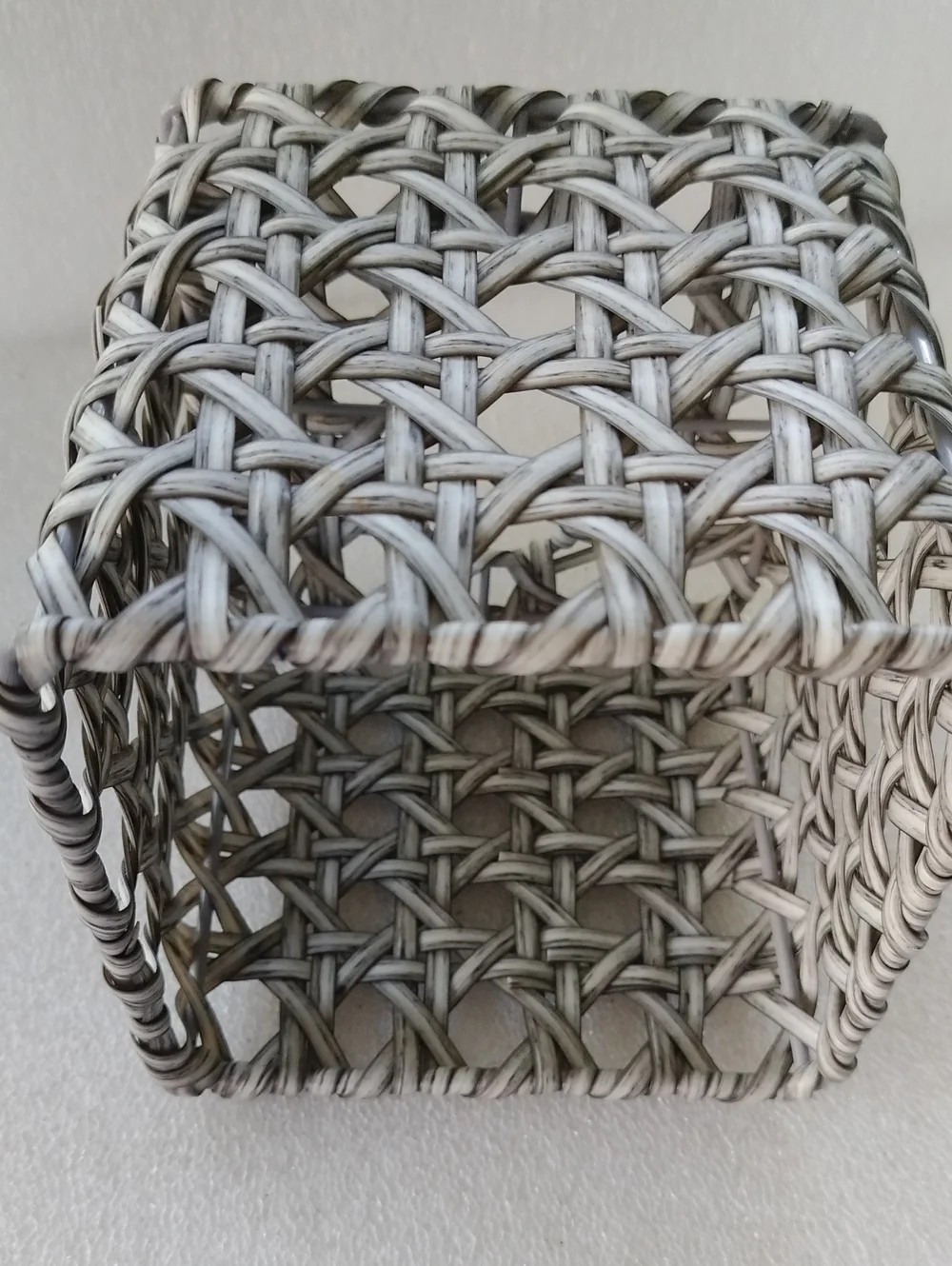 Vintage faux-wicker vinyl and wire cube tissue box